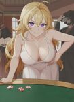  1girl 2others ahoge blonde_hair breasts cleavage collarbone dress hand_on_own_hip highres large_breasts long_hair looking_at_viewer multiple_others people poker_chip poker_table purple_eyes rwby smile solo_focus table very_long_hair wangxiii white_dress yang_xiao_long 