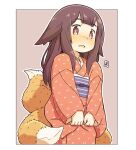  1girl :o alternate_hair_length alternate_hairstyle animal_ears border brown_eyes brown_hair fox_ears fox_girl fox_tail japanese_clothes kimono kukuri_(mawaru) long_hair long_sleeves looking_at_viewer mawaru_(mawaru) multiple_tails obi open_mouth orange_kimono original pink_background sash solo tail white_border 