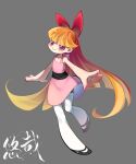  1girl akazutsumi_momoko bare_arms bare_shoulders black_footwear blunt_bangs bow closed_mouth dress flat_chest full_body grey_background hair_bow highres long_hair mary_janes orange_hair pantyhose pink_dress pink_eyes powerpuff_girls_z red_bow shoes smile solo very_long_hair white_pantyhose youzaiyouzai112 