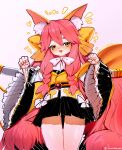  1boy 1girl absurdres animal_ears arms_up bow bowtie english_commentary fate/samurai_remnant fate_(series) fox_ears fox_girl fox_tail hair_bow highres japanese_clothes katana kimono kowai_(iamkowai) long_sleeves open_mouth pink_hair short_kimono simple_background sword tail tamamo_(fate) tamamo_aria twitter_username weapon when_you_see_it white_background white_bow white_bowtie yellow_bow yellow_eyes yellow_kimono 