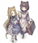  &gt;:( 2girls :t animal_ears apron black_dress blue_dress blue_eyes brown_hair cat_ears cat_girl cat_tail dress frilled_dress frills highres holding holding_suitcase light_brown_hair long_hair long_sleeves maid_apron multiple_girls neoki_ohae original pout purple_eyes short_hair suitcase tail triangle_mouth twitter_username v-shaped_eyebrows very_long_hair white_apron 