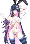  1girl angel_wings animal_ears aqua_eyes arm_up bikini black_choker black_hairband black_nails blue_hair breasts choker closed_mouth colored_inner_hair double_v fake_animal_ears hairband highres holding holding_stuffed_toy large_breasts long_hair miaru multicolored_hair panty_&amp;_stocking_with_garterbelt pink_hair rabbit_ears solo stocking_(psg) striped striped_bikini striped_thighhighs stuffed_animal stuffed_cat stuffed_toy swimsuit thighhighs thighs v very_long_hair white_background wings 