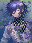  1boy absurdres blue_flower buttons checkered_clothes checkered_scarf closed_eyes danganronpa_(series) danganronpa_v3:_killing_harmony double-breasted flower hair_between_eyes highres in_water jacket long_sleeves male_focus oma_kokichi parted_lips purple_hair scarf short_hair solo urami0310 water white_flower 