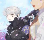  2girls absurdres animification apex_legends armor blue_bodysuit bodysuit braid breastplate breasts brown_hair cloud earpiece erlan gradient_hair grey_eyes grey_hair hair_behind_ear highres jacket lipstick loba_(apex_legends) looking_to_the_side makeup medium_breasts multicolored_hair multiple_girls parted_lips petals red_hair red_lips sky smile solo_focus valkyrie_(apex_legends) white_jacket 