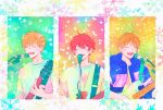  3boys bibibimix39 blonde_hair given guitar holding holding_instrument instrument kashima_hiiragi_(given) male_focus microphone microphone_stand multiple_boys music open_mouth red_hair satou_mafuyu singing snowflake_background sweater white_sweater yoshida_yuki_(given) 