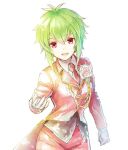  1girl androgynous asellus_(saga_frontier) boutonniere flower formal gloves green_hair jacket lapels looking_at_viewer no_s open_mouth red_eyes red_jacket rose saga saga_frontier short_hair simple_background smile solo white_background white_gloves 