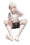  1boy adidas antenna_hair black_shorts closed_mouth genshin_impact gym_uniform hair_between_eyes highres huahua123569 kaedehara_kazuha long_hair male_focus midriff multicolored_hair navel red_eyes red_hair shirt short_sleeves shorts socks solo stomach streaked_hair towel towel_around_neck two-tone_hair white_hair white_shirt 