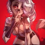  2023 anthro black_body black_fur blush breasts camel_toe canid canid_demon canine canis cellphone cleavage clothed clothing demon domestic_dog english_text female fur grey_body grey_fur grey_hair hair hellhound helluva_boss hi_res husky looking_at_viewer loona_(helluva_boss) mammal midriff minekoo2 multicolored_body multicolored_fur navel nipple_outline nordic_sled_dog phone red_eyes red_sclera simple_background solo spitz text two_tone_body two_tone_fur white_body white_fur wolf 