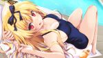  1girl :q arched_soles arifureta_shokugyou_de_sekai_saikyou arms_behind_head black_bow blonde_hair blue_one-piece_swimsuit blush bow breasts cleavage collarbone commentary_request covered_navel dutch_angle from_side glasses hair_between_eyes hair_bow hand_in_own_hair iwashi_dorobou_-r- knees_up light_blush long_hair looking_at_viewer lotion lying medium_breasts on_back one-piece_swimsuit outdoors poolside red_eyes school_swimsuit sideboob solo sunscreen swimsuit tongue tongue_out towel water wooden_floor yue_(arifureta) 