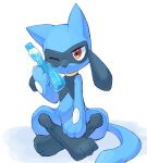  bottle crossed_legs highres holding holding_bottle looking_at_viewer no_humans one_eye_closed pokemon pokemon_(creature) ramune riolu simple_background sitting solo sukasshu_(mroooo) white_background 