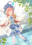  1girl bag blue_bow blue_bowtie boots bow bowtie closed_eyes coat fish_hat heaven_burns_red highres long_hair mizuhara_aina pink_hair shirama_(c2h76_5) solo tree white_coat 