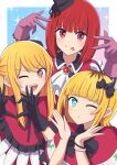  3girls ;d absurdres arima_kana ascot black_bow black_bowtie black_choker black_gloves black_headwear black_ribbon blonde_hair blue_background blue_eyes blush bob_cut border bow bowtie bracelet capelet choker closed_mouth collared_shirt commentary_request demon_horns double_v frilled_capelet frills gloves hair_bow hands_up hat hat_ribbon heart heart_hands highres horns hoshino_ai&#039;s_pose hoshino_ruby jewelry long_hair looking_at_viewer medium_hair memcho mini_hat mini_top_hat multiple_girls neck_ribbon no_pupils one_eye_closed open_mouth oshi_no_ko outside_border partial_commentary pink_eyes pink_gloves red_brooch red_capelet red_eyes red_hair red_shirt ribbon ryochan96154 shirt short_hair sidelocks smile sparkle star-shaped_pupils star_(symbol) symbol-shaped_pupils teeth tongue tongue_out top_hat upper_teeth_only v white_ascot white_border wings 