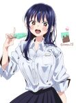  1girl blue_hair blue_skirt blush boku_no_kokoro_no_yabai_yatsu breasts brown_eyes candy chocolate chocolate_bar dark_blue_hair food highres holding holding_food kaoryu-kun large_breasts long_hair looking_at_viewer mint_chocolate mole mole_on_neck open_mouth pleated_skirt popsicle shirt simple_background skirt solo tented_shirt twitter_username white_background white_shirt yamada_anna 