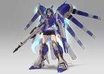  1girl absurdres animal_ears armor beam_rifle blue_hair breasts char&#039;s_counterattack char&#039;s_counterattack_-_beltorchika&#039;s_children commentary_request crossover energy_gun fin_funnels full_body glowing glowing_eyes glowing_hair godolphin_barb_(umamusume) grey_background grin gun gundam hair_intakes hi-nu_gundam highres holding holding_gun holding_weapon horse_ears horse_girl horse_tail kio_naoki long_hair looking_at_viewer mecha_musume medium_breasts parody parted_bangs shield signature smile solo standing tail umamusume weapon 