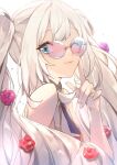  1girl absurdres bare_shoulders blue_eyes closed_mouth fate/grand_order fate_(series) flower glasses hair_flower hair_ornament highres light_blush light_smile long_hair looking_at_viewer marie_antoinette_(fate) marie_antoinette_(third_ascension)_(fate) no-kan no_headwear one_eye_closed red_flower simple_background sleeveless solo sparkle twintails very_long_hair white_background white_hair 