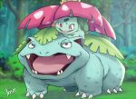  animal_focus bright_pupils bulbasaur bush claws evolutionary_line federico_freschi forest nature no_humans nostrils open_mouth outdoors pokemon pokemon_(creature) red_eyes riding signature tongue tree venusaur white_pupils 