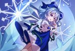  1girl :p artist_name blue_dress blue_eyes blue_hair blue_ribbon cirno cowboy_shot dress fairy finger_to_eye hair_between_eyes outstretched_arm plant ribbon short_hair smirk snowflakes solo tojorin tongue tongue_out touhou vines wings 