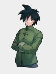  1boy black_eyes black_hair closed_mouth crossed_arms dragon_ball dragon_ball_super dragon_ball_super_super_hero grey_background kemachiku long_sleeves male_focus simple_background solo son_goten spiked_hair upper_body 