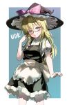  1girl absurdres apron black_headwear black_skirt black_vest blonde_hair blue_background blush bow braid breasts character_name commentary_request cookie_(touhou) cowboy_shot frilled_skirt frills glasses gradient_background grin hair_between_eyes hair_bow hat hat_bow highres kirisame_marisa long_bangs long_hair looking_at_viewer pink_bow puffy_short_sleeves puffy_sleeves red-framed_eyewear semi-rimless_eyewear shirt short_sleeves single_braid skirt skirt_set small_breasts smile solo tirano_tenchou touhou under-rim_eyewear uzuki_(cookie) vest waist_apron white_apron white_background white_shirt witch_hat yellow_eyes 