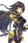  1girl black_bodysuit bodysuit breasts brown_hair floating_hair fortified_suit from_side highres holding holding_sword holding_weapon impossible_bodysuit impossible_clothes jun_(rellik_&amp;_redrum) muvluv muvluv_alternative muvluv_total_eclipse purple_eyes sheath solo standing sword takamura_yui weapon 
