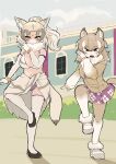  2girls animal_ears bags_under_eyes bare_shoulders brown_eyes brown_hair closed_mouth dancing day detached_collar elbow_gloves facial_mark fang foot_up forehead_mark full_body fur_collar fur_trim gloves grey_hair hair_between_eyes hand_up high_ponytail highres indian_wolf_(kemono_friends) japanese_wolf_(kemono_friends) kemono_friends knee_up long_hair looking_at_viewer miniskirt multicolored_hair multiple_girls navel necktie nenkou-san outdoors outstretched_arm sarong shirt shoes side-by-side skirt smile stomach tail thighhighs white_hair wolf_ears wolf_girl wolf_tail 