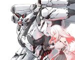  1girl armored_core armored_core_6 ayre_(armored_core_6) bare_shoulders battle_damage breasts bullet_hole commentary_request dress elbow_gloves gloves gradient_hair hair_between_eyes highres large_breasts long_hair maxilax mecha multicolored_hair personification pink_dress pink_hair red_eyes red_hair robot science_fiction sideboob simple_background sweatdrop thrusters white_background white_hair 