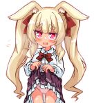  1girl animal_ears ass_visible_through_thighs blonde_hair bow breasts clothes_lift collared_shirt commentary_request dress_shirt ears_down flying_sweatdrops frilled_skirt frills hair_bow heart heart-shaped_pupils long_hair long_sleeves masurao_(sekaiju) masurao_2_(sekaiju) medium_breasts panties pink_panties puffy_long_sleeves puffy_sleeves purple_skirt rabbit_ears red_bow red_eyes sekaiju_no_meikyuu sekaiju_no_meikyuu_5 shirt short_eyebrows simple_background skirt skirt_lift solo standing sweat symbol-shaped_pupils thick_eyebrows twintails underwear very_long_hair wacho_(nanto_wachou_ken) white_background white_shirt 
