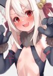  1girl animal_ear_fluff animal_ears animal_hands bare_shoulders bell black_gloves black_leotard blush breasts cat_ears cat_tail center_opening elbow_gloves fake_animal_ears fate/kaleid_liner_prisma_illya fate_(series) fur_collar gloves hair_between_eyes hair_ribbon highres illyasviel_von_einzbern illyasviel_von_einzbern_(beast_style) jingle_bell leotard long_hair looking_at_viewer open_mouth pan_korokorosuke paw_gloves red_eyes ribbon sidelocks small_breasts smile solo tail tearing_up white_hair 