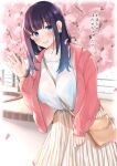  1girl bag between_breasts blue_eyes blush breasts brown_skirt carrying_bag cherry_blossoms commentary_request earrings flower_earrings hand_up handbag highres jacket jewelry long_hair long_sleeves looking_at_viewer open_clothes open_jacket open_mouth original outdoors petals pink_jacket purple_hair sakura_no_tomoru_hi_e shirt shirt_tucked_in skirt solo standing strap_between_breasts waving white_shirt 