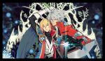  2boys ahoge blazblue blazblue:_central_fiction blonde_hair blue_eyes gloves green_eyes grey_hair heterochromia jacket jin_kisaragi military military_uniform multiple_boys ragna_the_bloodedge sword uniform weapon 