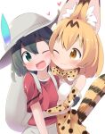  backpack blush bottomwear bow_tie clothing duo embrace feathers felid feline female female/female gloves handwear hat headgear headwear hi_res hug human kaban-chan kemono_friends makuran mammal serval serval-chan skirt tail_under_skirt 