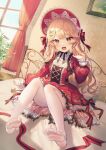  1girl absurdres bed blonde_hair blush bonnet burnt_clothes dress earrings feet foot_focus frilled_dress frills hair_ornament hairclip highres indie_virtual_youtuber jewelry kikugetsu kira_kirari long_hair long_sleeves open_mouth pantyhose red_dress sitting smile solo white_pantyhose yellow_eyes 