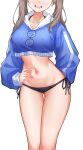  1girl :d absurdres black_panties blue_archive blue_hoodie blush breasts commentary_request cowboy_shot crop_top cropped_hoodie facing_viewer grey_hair ha-haeng highres hood hoodie large_breasts long_sleeves midriff moe_(blue_archive) navel panties side-tie_panties smile solo standing stomach thighs underwear 