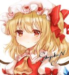  1girl artist_name ascot blonde_hair breasts closed_mouth crying crying_with_eyes_open crystal flandre_scarlet frilled_shirt_collar frills frown hair_between_eyes hat hat_ribbon highres looking_at_viewer medium_hair mob_cap nagisa_shizuku one_side_up puffy_short_sleeves puffy_sleeves red_eyes red_ribbon red_vest ribbon shirt short_sleeves simple_background small_breasts solo tears touhou upper_body vest white_background white_headwear white_shirt wings yellow_ascot 
