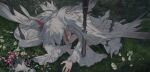 absurdres chocolate_(jitong) dress flower grass head_down high_heels highres long_hair long_sleeves on_ground original outdoors pierced_wings pinned polearm spear weapon white_dress white_footwear white_hair 