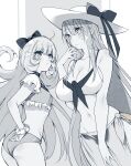  2girls absurdres ass bikini blush bow bracelet breast_envy breasts cleavage flat_chest frilled_bikini frills frown greyscale groin hair_behind_ear hair_bow hat hat_bow highres jewelry large_breasts long_hair looking_up marie_fou_lovan monochrome multiple_girls mylene_rafa_holfort otome_gee_sekai_wa_mob_ni_kibishii_sekai_desu pout shiosato_jun skirt sun_hat swimsuit very_long_hair 