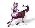  1girl :d absurdres animal_ears bow braid breasts brown_hair centaur chinese_commentary commentary_request dated ear_bow french_braid frilled_skirt frills full_body highres horse_ears horse_tail looking_at_viewer medium_breasts monster_girl monsterification multicolored_hair multiple_legs neck_ribbon open_mouth purple_bow purple_eyes purple_ribbon purple_vest ribbon shadow shirt short_hair short_sleeves sidelocks signature simple_background skirt smile solo special_week_(umamusume) tail taur thighhighs two-tone_hair umamusume vest white_background white_hair white_shirt white_skirt white_thighhighs wrist_cuffs yu_su_(moziki) 