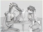  2023 anthro beverage breasts chair cherry clothed clothing digital_media_(artwork) dinosaur dromaeosaurid duo ears_down eyes_closed feathers female food fruit fully_clothed fur furniture hi_res lagomorph leporid looking_at_another male mammal milkshake pivoted_ears plant rabbit reptile scalie sitting smile straw table teeth theropod yshanii 