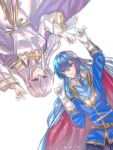  1boy 1girl arms_up belt blue_eyes blue_hair brother_and_sister cape circlet dress fire_emblem fire_emblem:_genealogy_of_the_holy_war headband highres julia_(fire_emblem) long_hair open_mouth purple_eyes purple_hair sash seliph_(fire_emblem) siblings simple_background tnomenko upside-down white_headband 