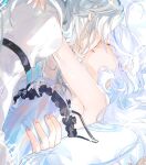  1boy 1girl ahoge arms_around_neck blue_hair blue_nails boy_on_top closed_eyes couple dress english_commentary fingernails furina_(genshin_impact) genshin_impact grey_hair hair_between_eyes hetero highres imminent_kiss indoors light_blue_hair long_hair lying multicolored_hair nail_polish neuvillette_(genshin_impact) on_back on_bed parted_lips seraharuko sleeveless sleeveless_dress sparkle streaked_hair two-tone_hair upper_body white_dress 
