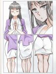  1girl absurdres ace_attorney ass ass_expansion aya_yanagisawa black_hair coat collaboration colored_pencil_(medium) commission english_commentary grey_eyes half_updo highres japanese_clothes kimono maya_fey mia_fey mixed_media no_pupils own_hands_together parted_lips purple_coat second-party_source sidelocks traditional_media transformation white_kimono yukiko-sakurey 