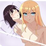  2girls bed black_hair blonde_hair blue_eyes breasts claire_francois closed_eyes collarbone guy_tired_after_sex_(meme) highres licking_lips light_blush light_censor lily_ai01 long_hair looking_at_viewer medium_breasts medium_hair meme multiple_girls nipples nude pillow rae_taylor tongue tongue_out v watashi_no_oshi_wa_akuyaku_reijou yuri 