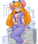  2023 absurd_res anthro bedroom_eyes blonde_hair blue_eyes breasts butt cabinet chip_&#039;n_dale_rescue_rangers clothing disney eyebrow_through_hair eyebrows eyelashes eyewear eyewear_on_head female fullmontis fur gadget_hackwrench glistening glistening_butt glistening_clothing goggles goggles_on_head hair hi_res jumpsuit looking_at_viewer mammal mouse murid murine narrowed_eyes purple_clothing rodent seductive short_hair solo tan_body tan_fur tools translucent translucent_hair unzipping wide_hips wrench 