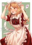  !? 1girl ahoge animal_ear_fluff animal_ears apron blonde_hair blush cat_ears cat_tail commentary_request commission dress fang green_background long_hair maid maid_headdress open_mouth red_dress simple_background skeb_commission skin_fang solo tail touhou touhou_(pc-98) unkmochi white_apron yellow_eyes yumeko_(touhou) 