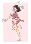  1girl :d absurdres animal_ears ass bare_legs barefoot black_hair blush dress full_body gyouza_(mhea5724) highres inaba_tewi looking_back pink_dress rabbit_ears rabbit_tail red_eyes short_hair simple_background smile solo tail tiptoes touhou wrist_cuffs 