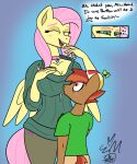  age_difference anthro ara_ara blush breasts button_mash_(mlp) cleavage clothed clothing collar duo earth_pony equid equine erynerikard female fluttershy_(mlp) friendship_is_magic hasbro hat headgear headwear hi_res horse juice_box legwear male mammal my_little_pony older_female pegasus pony propeller_hat stockings sweater topwear wings young younger_male 