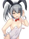  1girl animal_ears bare_shoulders blush bow bowtie breasts brown_eyes covered_navel dated detached_collar embarrassed fake_animal_ears fake_tail grey_hair hair_ribbon highres kantai_collection kasumi_(kancolle) leotard long_hair looking_at_viewer montemasa open_mouth playboy_bunny rabbit_ears rabbit_tail ribbon side_ponytail small_breasts solo strapless strapless_leotard tail traditional_bowtie twitter_username white_background white_leotard wrist_cuffs 