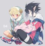  2boys alternate_costume black_hair candy disgaea emizel_(disgaea) fake_tail fake_wings food hood hoodie issa_(sorako45) lollipop long_sleeves makai_senki_disgaea_4 male_child male_focus multiple_boys pants pointy_ears red_eyes shoes shorts sneakers tail valvatorez_(disgaea) vampire wings 