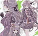  ... 1girl black_gloves black_jacket black_ribbon black_skirt brown_necktie closed_mouth collared_shirt cup_ramen_on_head danganronpa:_trigger_happy_havoc danganronpa_(series) gloves green_background grey_hair grey_shirt hair_ribbon hand_up highres jacket kirigiri_kyoko long_hair long_sleeves looking_at_viewer looking_to_the_side miniskirt multiple_views naruse_(nal1525) necktie open_clothes open_jacket pink_eyes pleated_skirt ribbon shirt skirt speech_bubble thinking white_background 