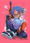  1boy artist_name black_footwear black_pants blue_hair blue_shirt boots commentary_request commission dark-skinned_male dark_skin dual_wielding dualie_squelcher_(splatoon) gradient_shirt gun highres holding holding_gun holding_weapon inkling inkling_boy jinkobanana multicolored_hair pants pink_background pink_hair ponytail purple_shirt red_eyes sample_watermark shirt smile solo splatoon_(series) two-tone_hair watermark weapon 